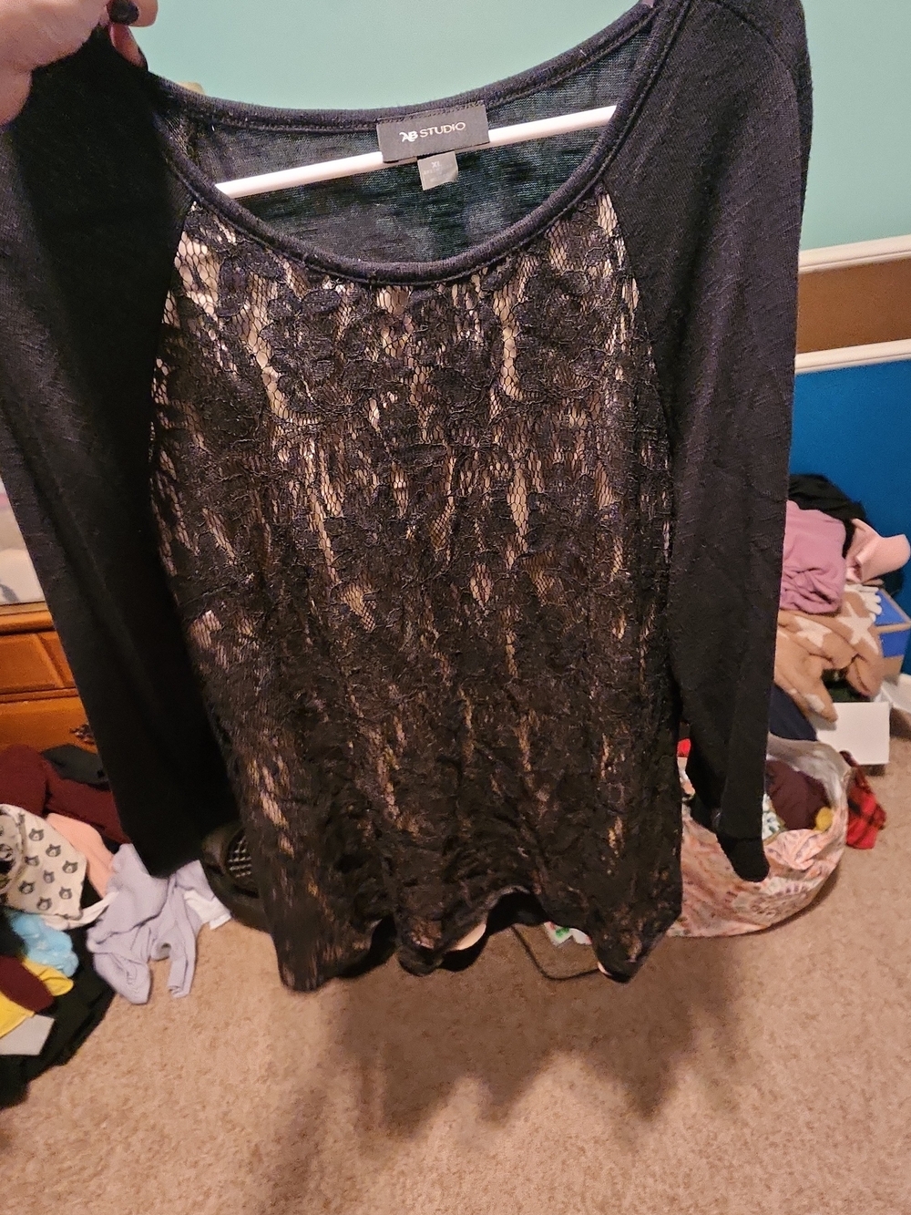 AB Studio XL Black Lace Front Blouse 3/4 Sleeve Lined Sheer Romantic Goth Top